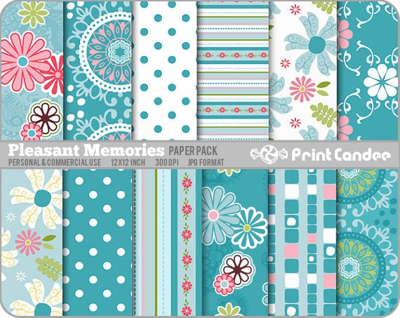 Pleasant Memories Paper Pack (12 Sheets) - BUY 2 GET 2 FREE - Personal and Commercial Use - pink blue sweet cute pretty dots circles flowers