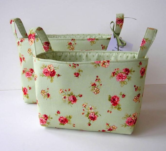 Fabric Organizer Bins Set of 2 - Sage Green Pink Floral Storage Bins - PWOriginals