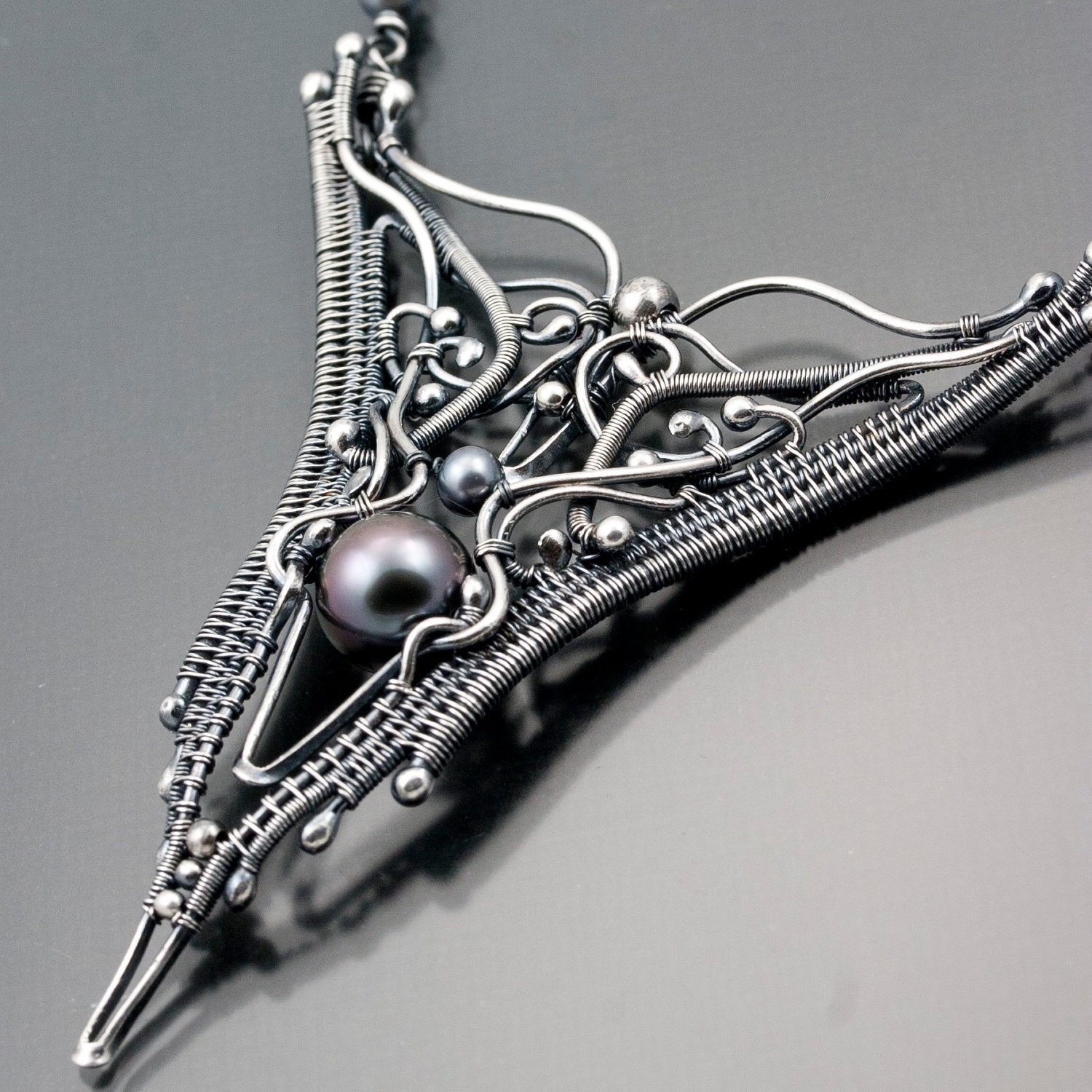Black Tahitian Pearl Necklace - Fine Silver Necklace - Peacock Freshwater Pearl Necklace - Raven