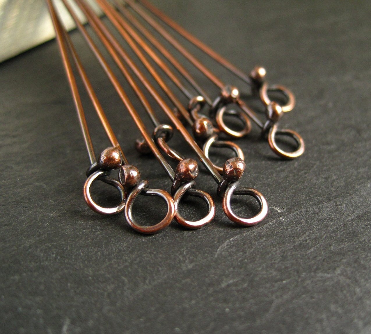 Rustic Copper Headpins with Loop, Oxidized Copper Eyepins, Handmade Jewelry Findings x 10 - CinnamonJewellery