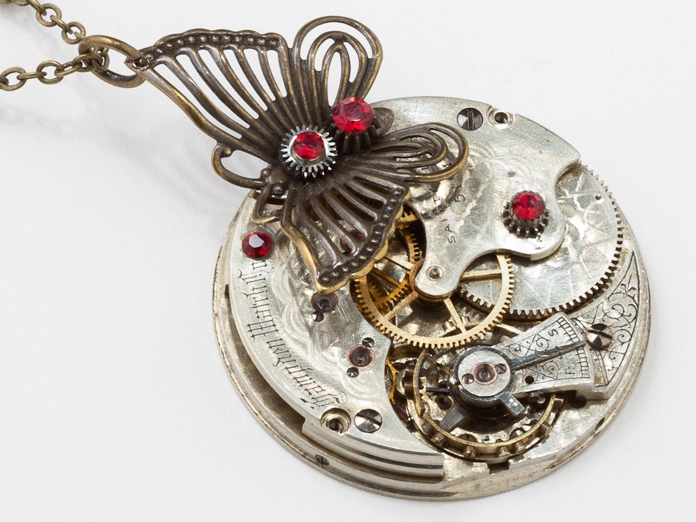 Steampunk Necklace vintage silver pocket watch movement gold butterfly red garnet crystal Victorian Steampunk jewelry Steampunk Nation 1771