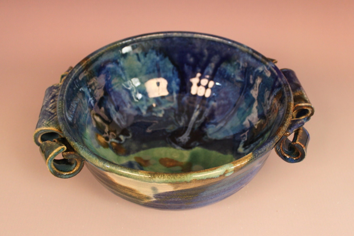 Blue Green Ceramic Bowl -- Curls