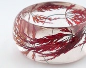 Red Resin Bangle.  Sophisticated Statement Bangle.  Chunky Bracelet with Pressed Flowers. Red Lace Leaf Japanese Maple Leaves