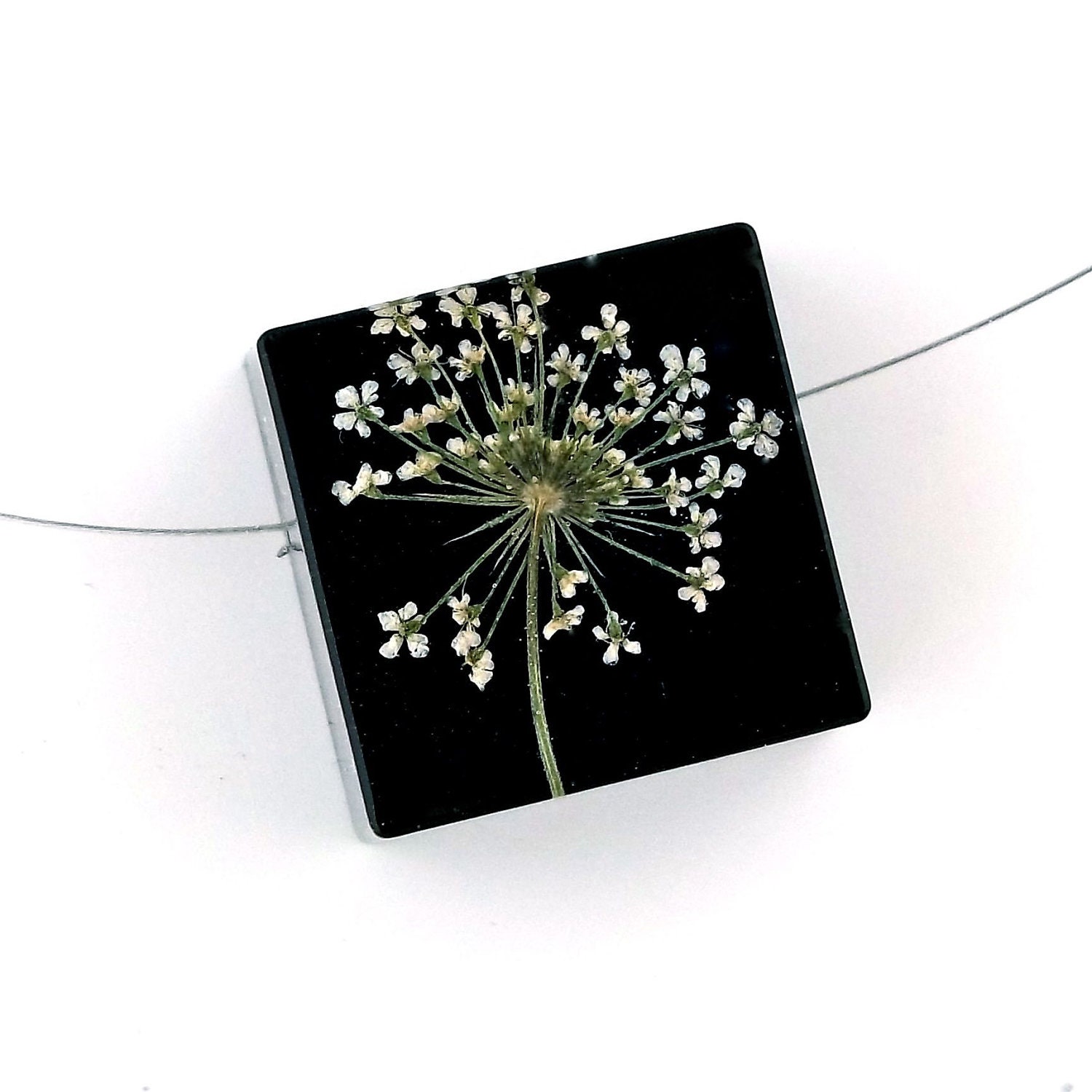 READY TO SHIP Queen Anne's Lace set into Black Resin Cube.   Black Botanical Resin Necklace.  Real Flower.
