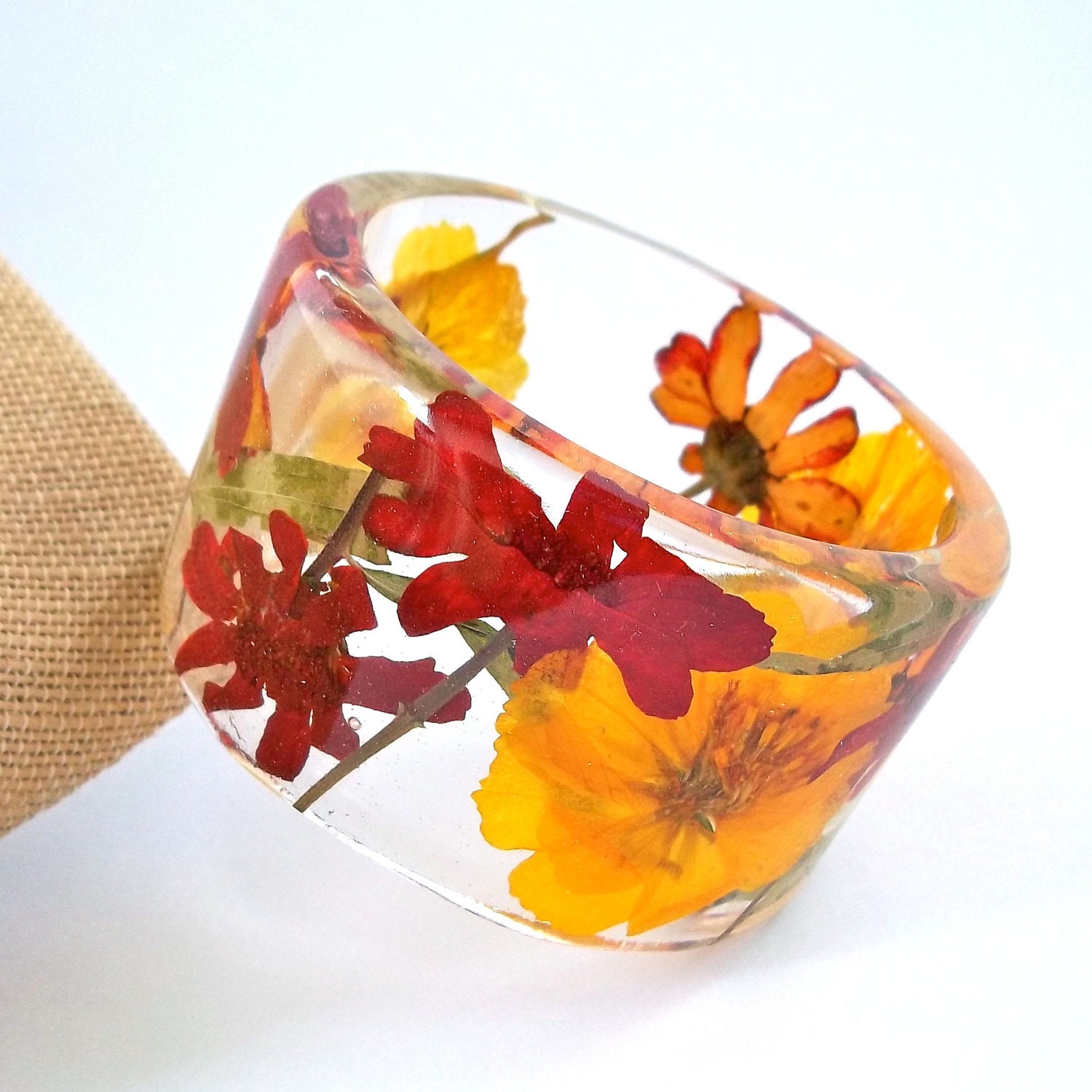Zinnia and Cosmos Botanical Resin Bangle. Chunky Bangle with Pressed Flowers. Real Flowers -Yellow and Red