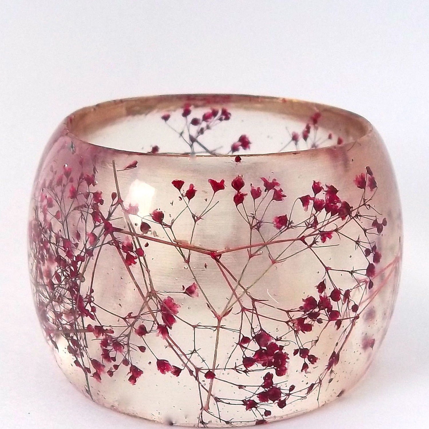 Super Chunky Statement Bangle.  Red Botanical Resin Bracelet.  Pressed Flower  Bangle with Real Flowers.   Baby's Breath