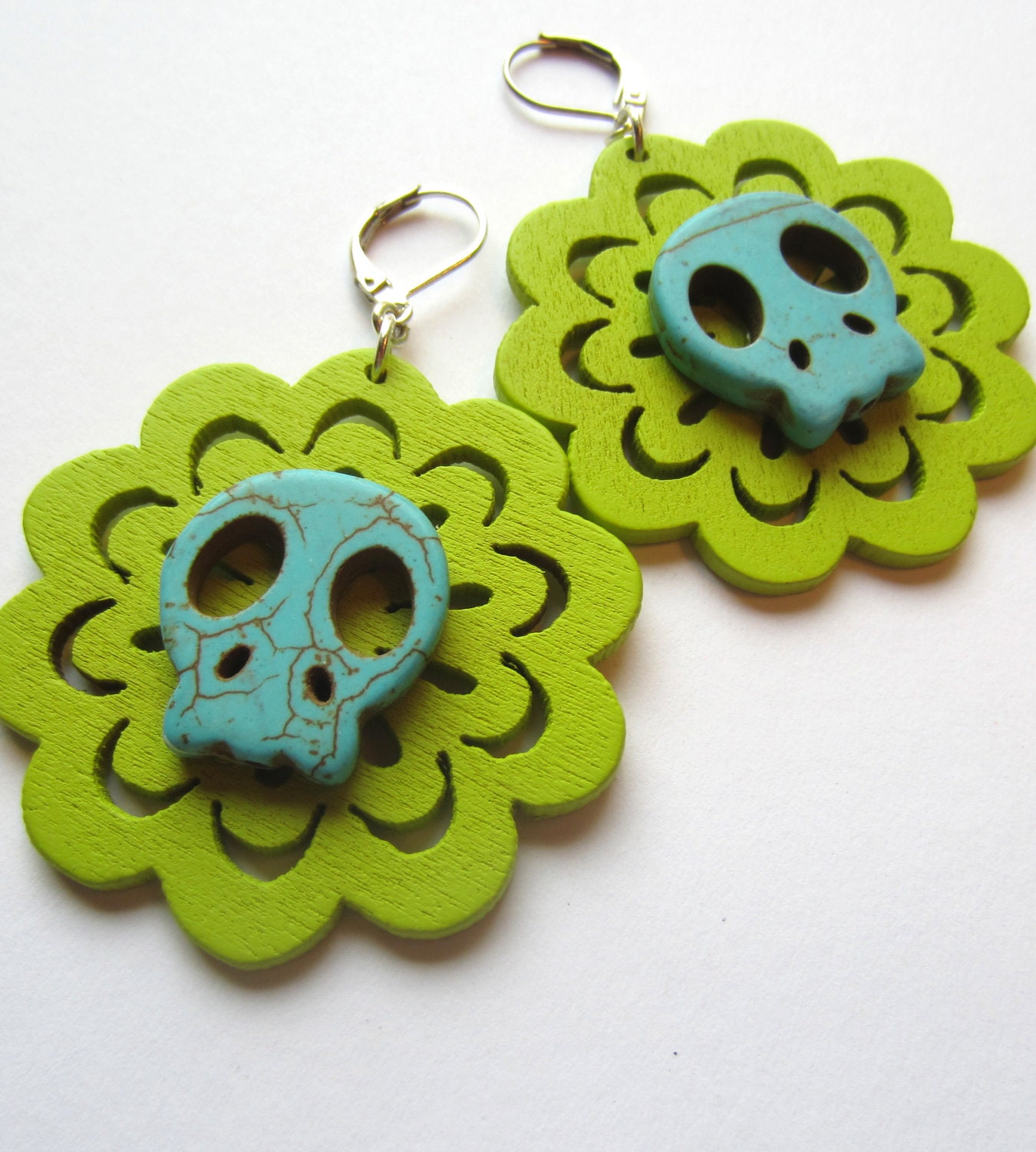 sugar skull Earrings,  Wood Earrings celery green wood and turquoise howlite.