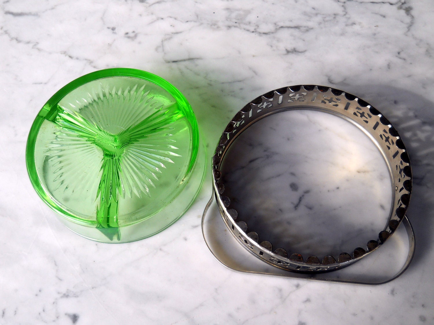 Green Relish Server // Divided With Pierced Metal Basket
