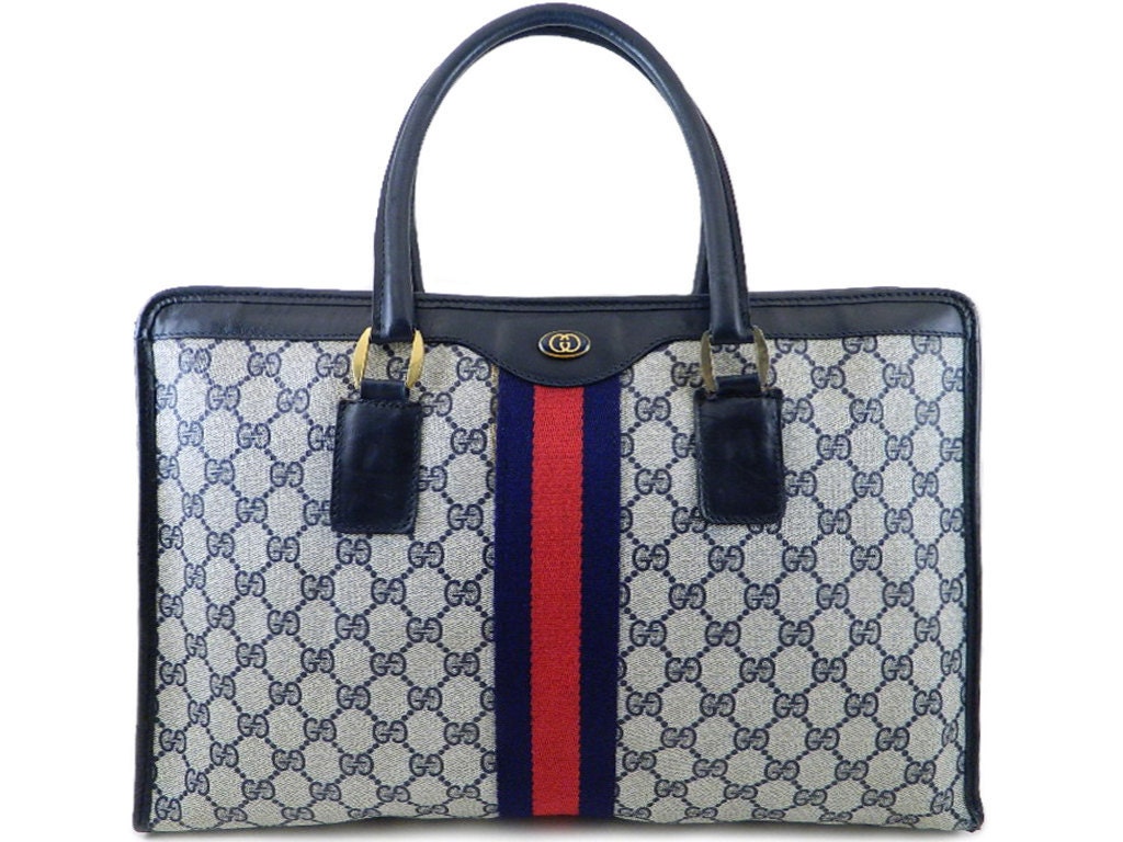 Authentic GUCCI Vintage Monogram GG Web Navy Blue Stripe Large Tote Accessory Collection  Made in Italy