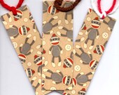 SOCK MONKEY Kids Bookmarks- Laminated Sock Monkeys with yarn (3)