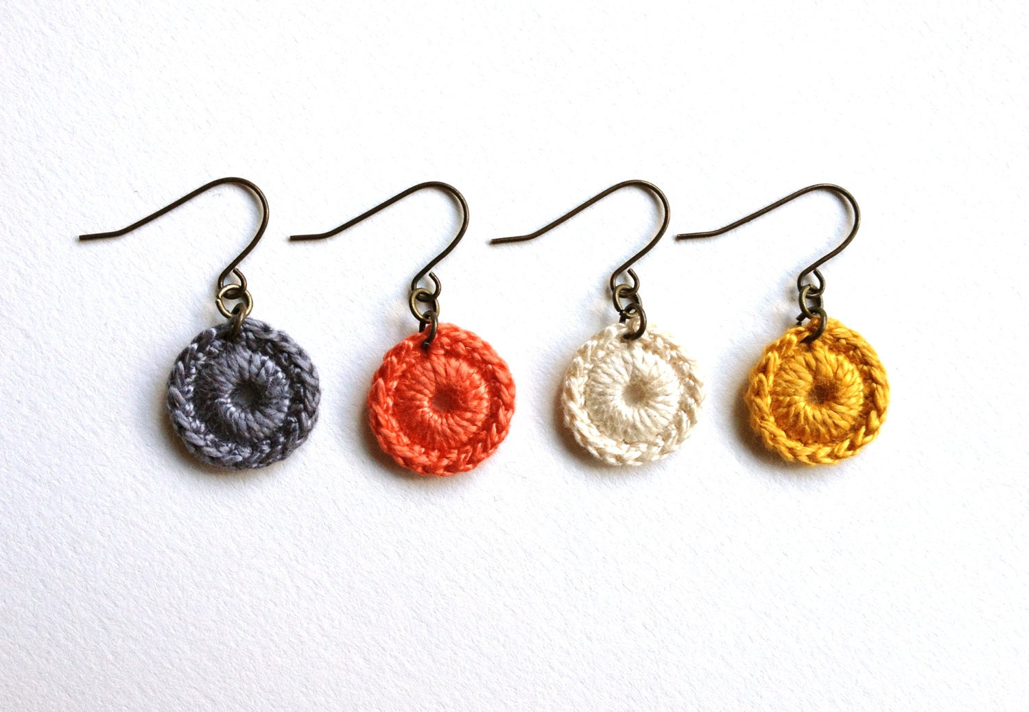 Crocheted Dew Drop Earrings - Pewter, Coral, Cream, and Saffron