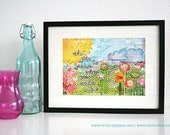 Mixed Media 8,5 x 11 Art Print of original canvas "the grass is greener...", lovely home decor