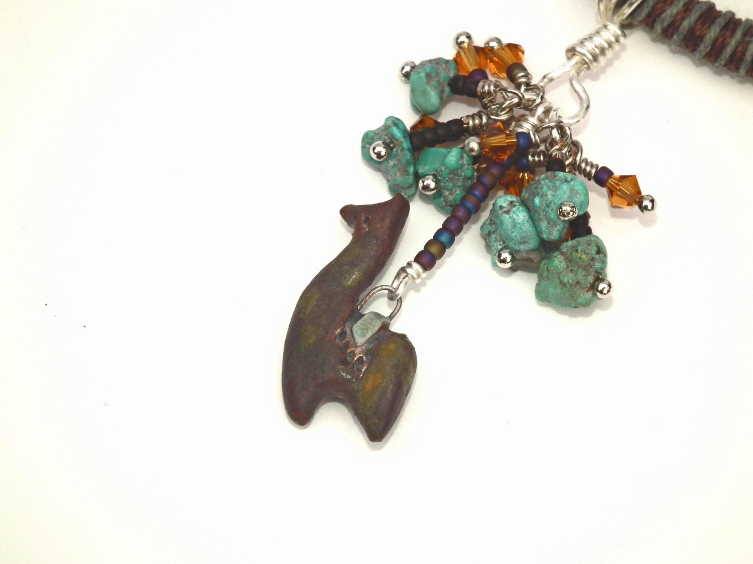 Llama Ceramic Bead, Turquoise, and Swarovski Crystal Wrapped Cord Necklace with Sterling Accents