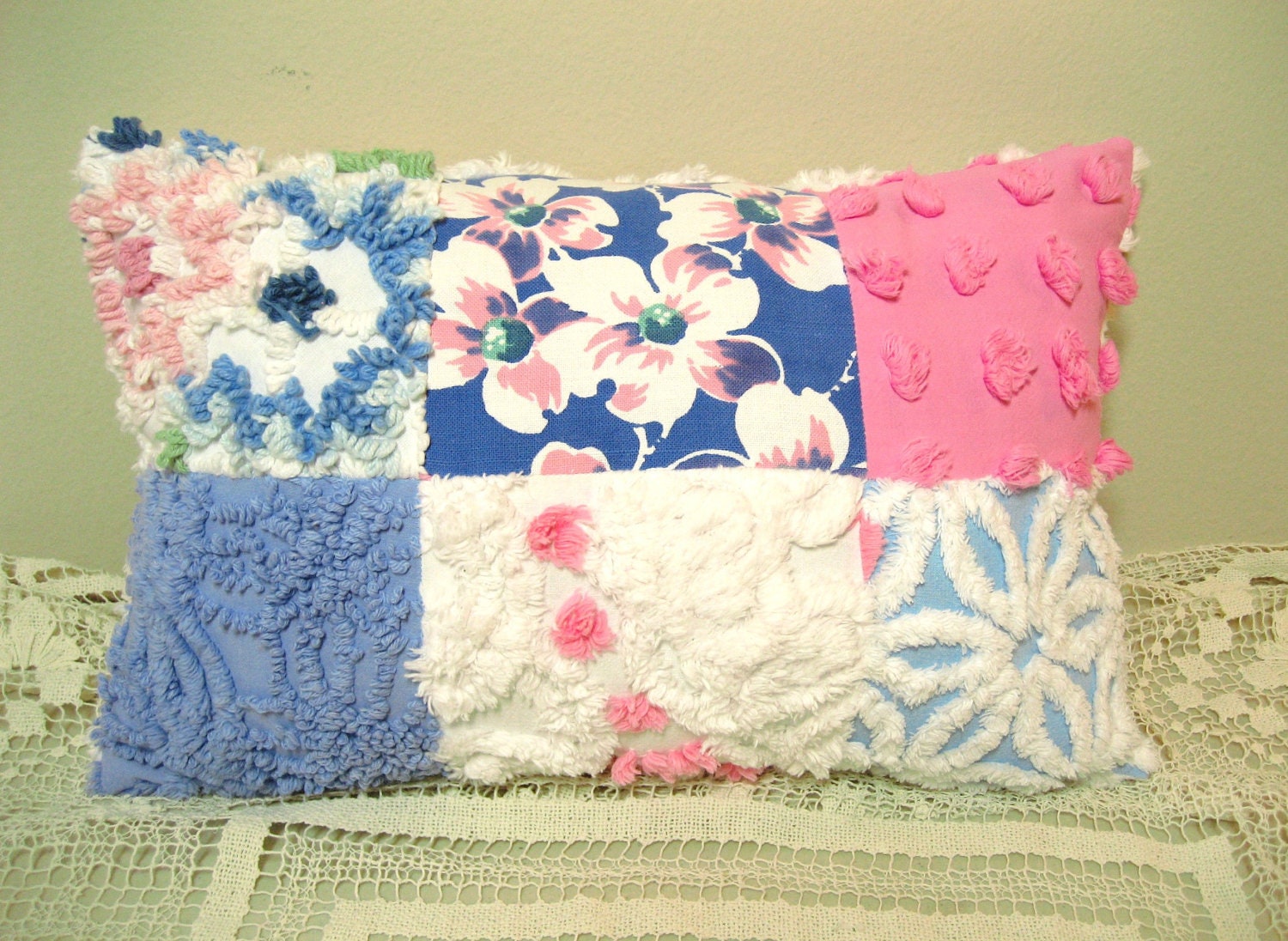 Dogwood Pink and Blue Patchwork Chenille and Vintage Tablecloth Pillow