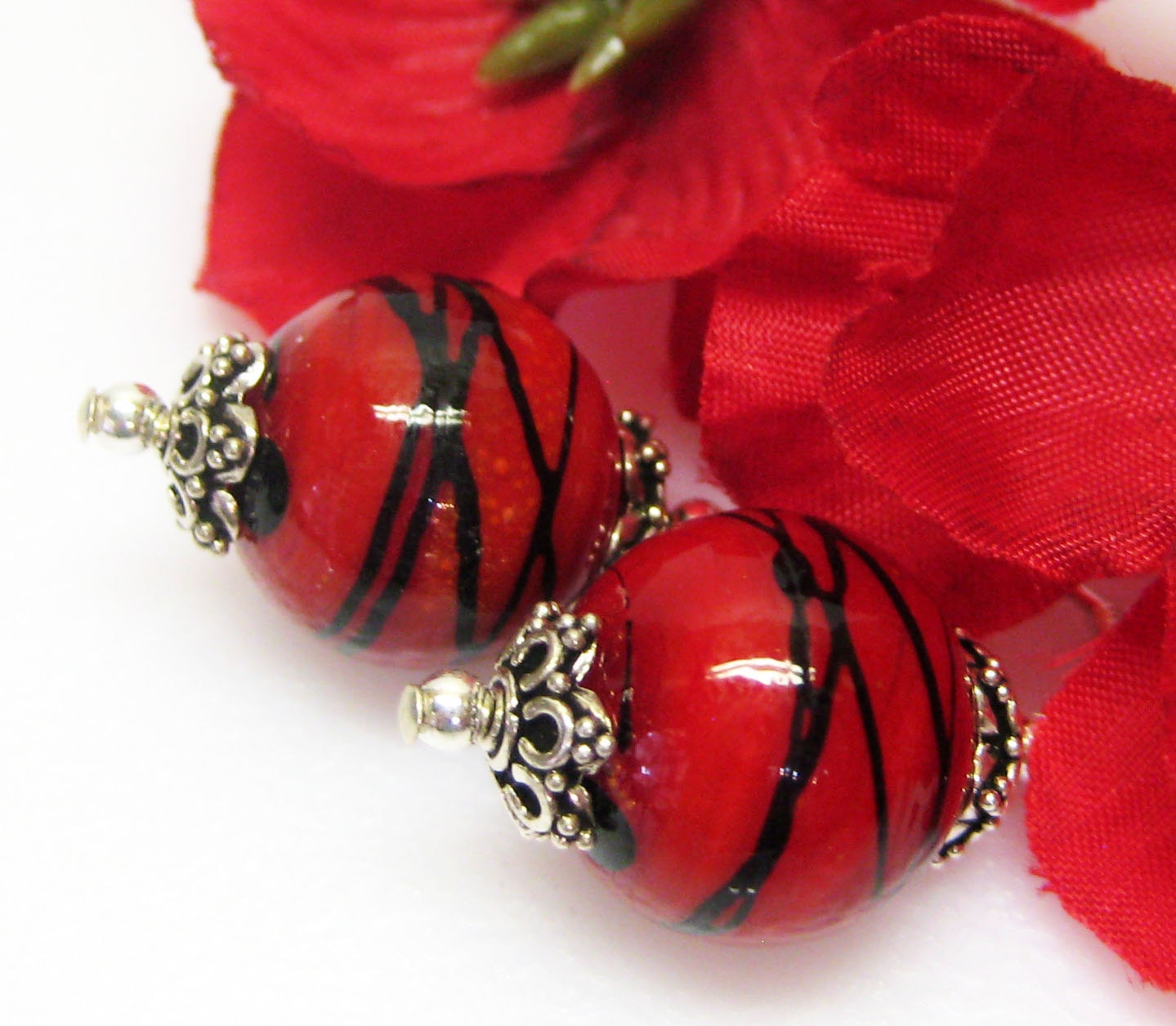 Red Earrings - Red Black Striped - Sterling Silver - Dangle