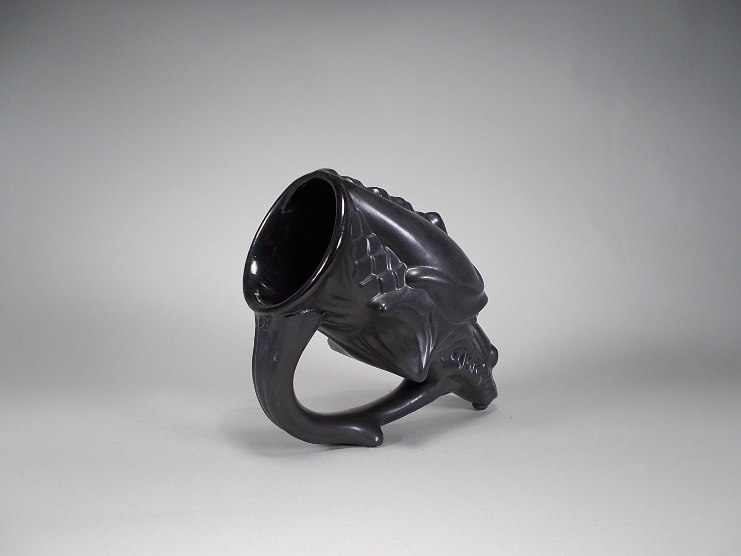 Wicked Dragon Beer Mug - Drinking Horn -  Satin Black Glaze - 22oz - Drink from a Dragons Head