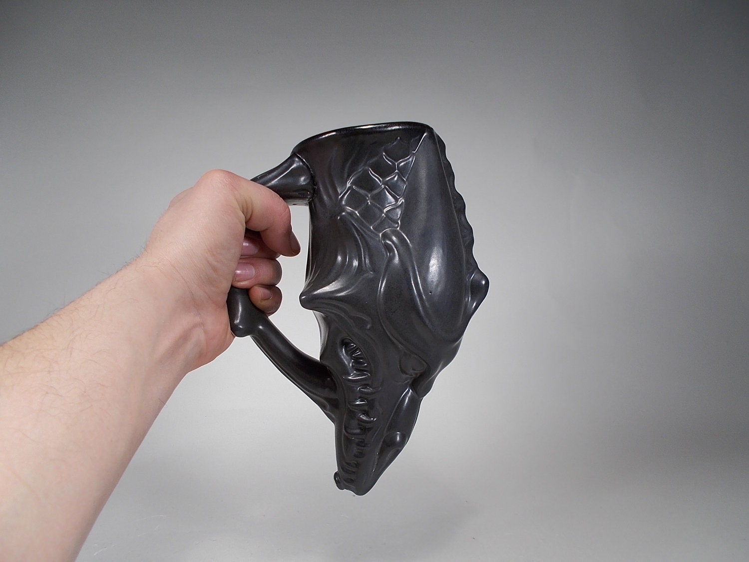 Wicked Dragon Beer Mug - Drinking Horn -  Satin Black Glaze - 22oz - Drink from a Dragons Head