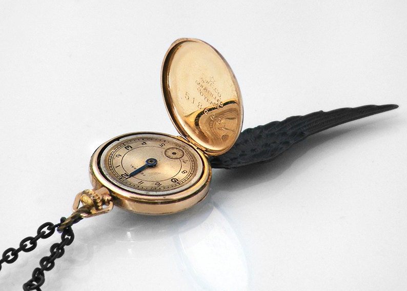Steampunk Necklace, Moss Agate, Rose Gold Pocket Watch and Black Angel Wing - Long Chain Necklace