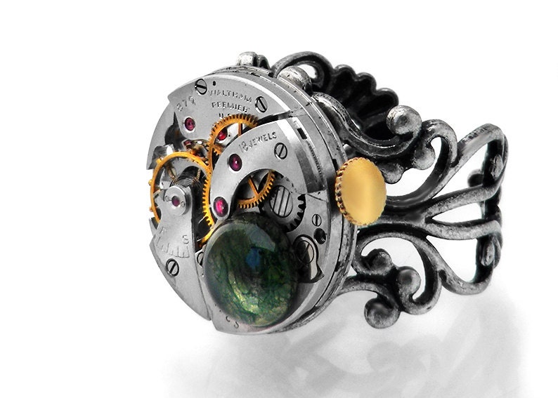 Steampunk Ring, Moss Agate & Vintage Waltham Watch Movement / Adjustable Ring / Size 6.5 - 9.5