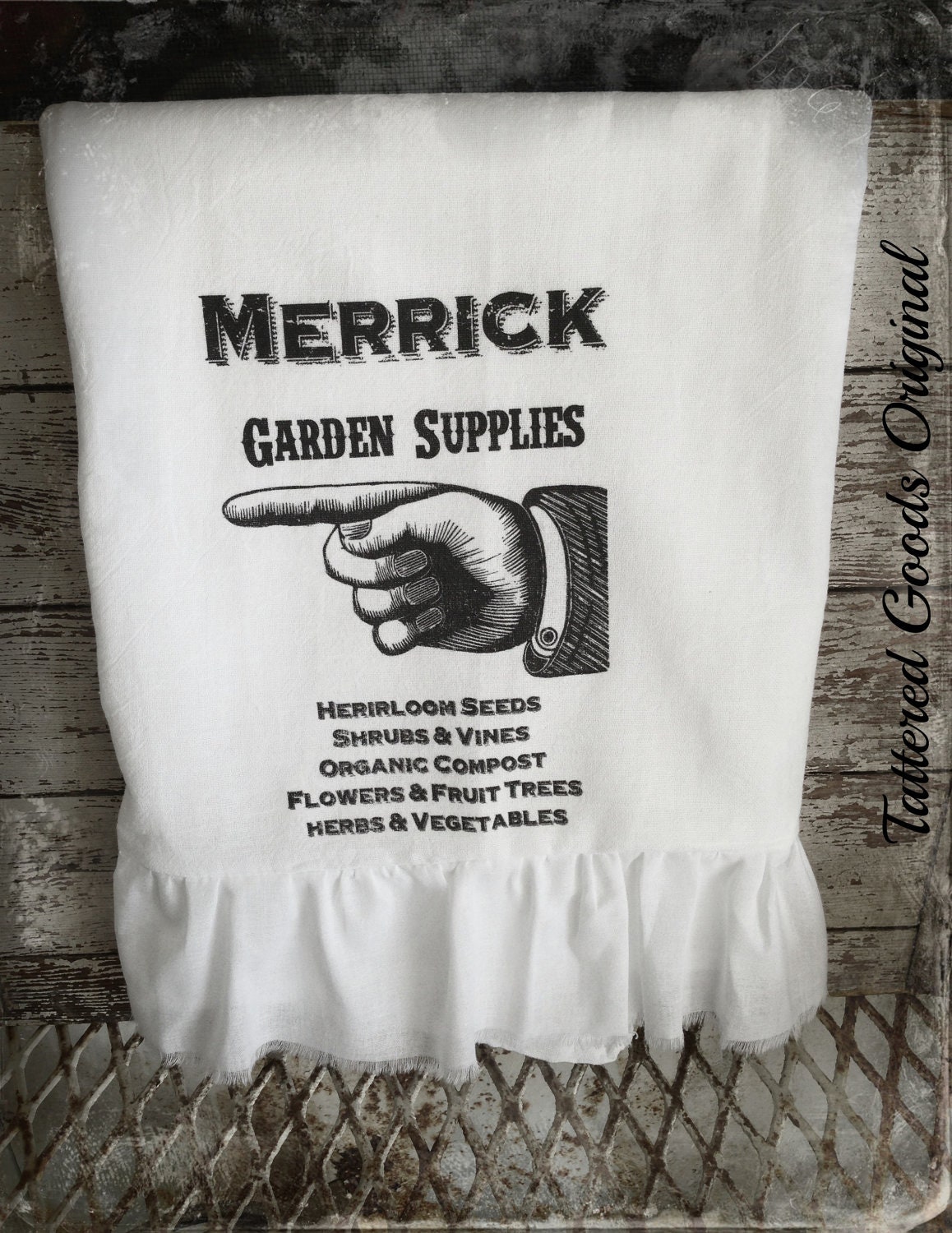 Handmade Flour Sack, Tea Towel, Farmhouse, Cottage Chic, Hostess Gift, (Ruffled Merrick)