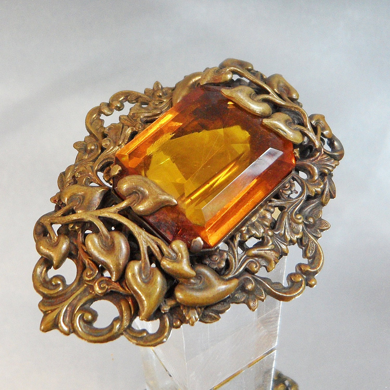 Vintage Art Nouveau Brooch.  Huge. Gilt. Amber Czech Glass. Turn of the Century. Victorian. Calla Lily.