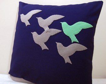 The Unique One. Mint Green Bird In Flying Birds Navy Pillow Cover