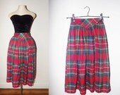 Sale Vintage 1950s Skirt /  80s Red Plaid Punk Skirt / Red Tartan High Waist Tea Length Skirt