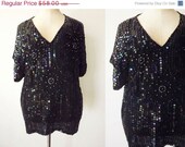Sale Vintage 1970s Black Disco Sequin Beaded Silk Blouse / Large Sequin Silk Vneck Top