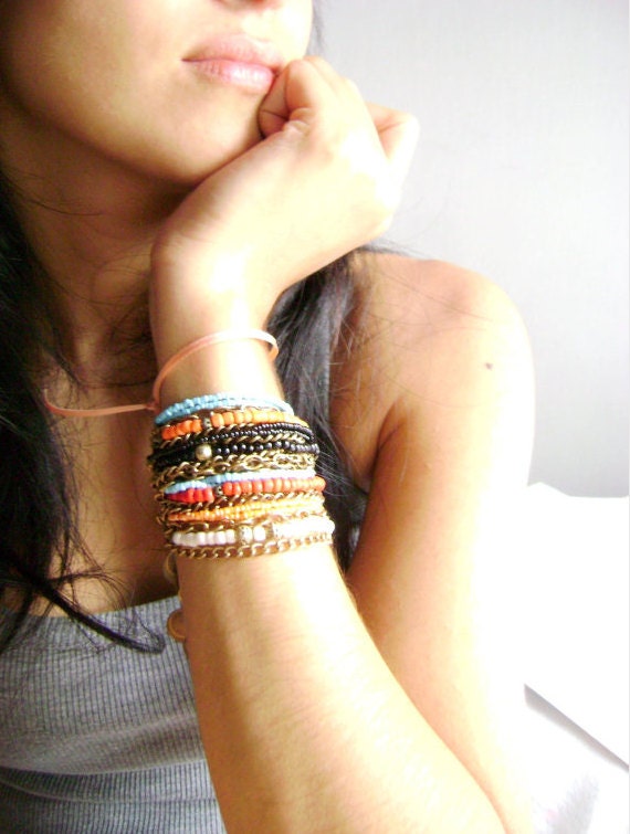 Mixed up - Four bohemian stacking bracelets at your colors choice orange turquoise red black coral