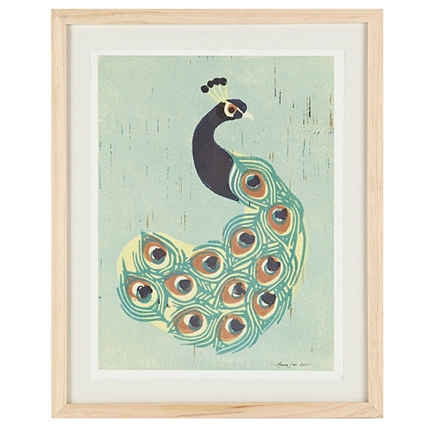 Indian Peacock 12 x 16 Linocut Art Poster Print