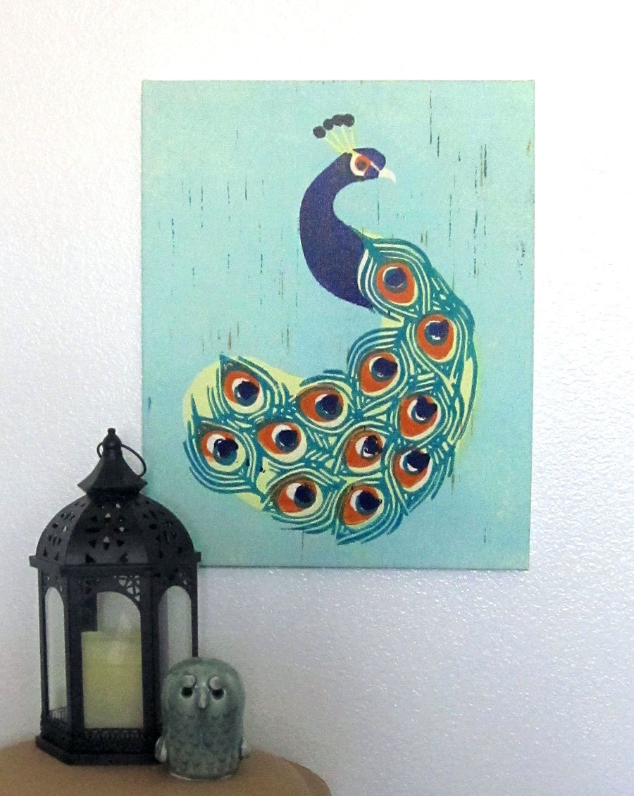 18 x 24 Limited Edition Large Gallery Wrapped Canvas Indian Peacock Linocut Block Print Illustration Ready to Hang