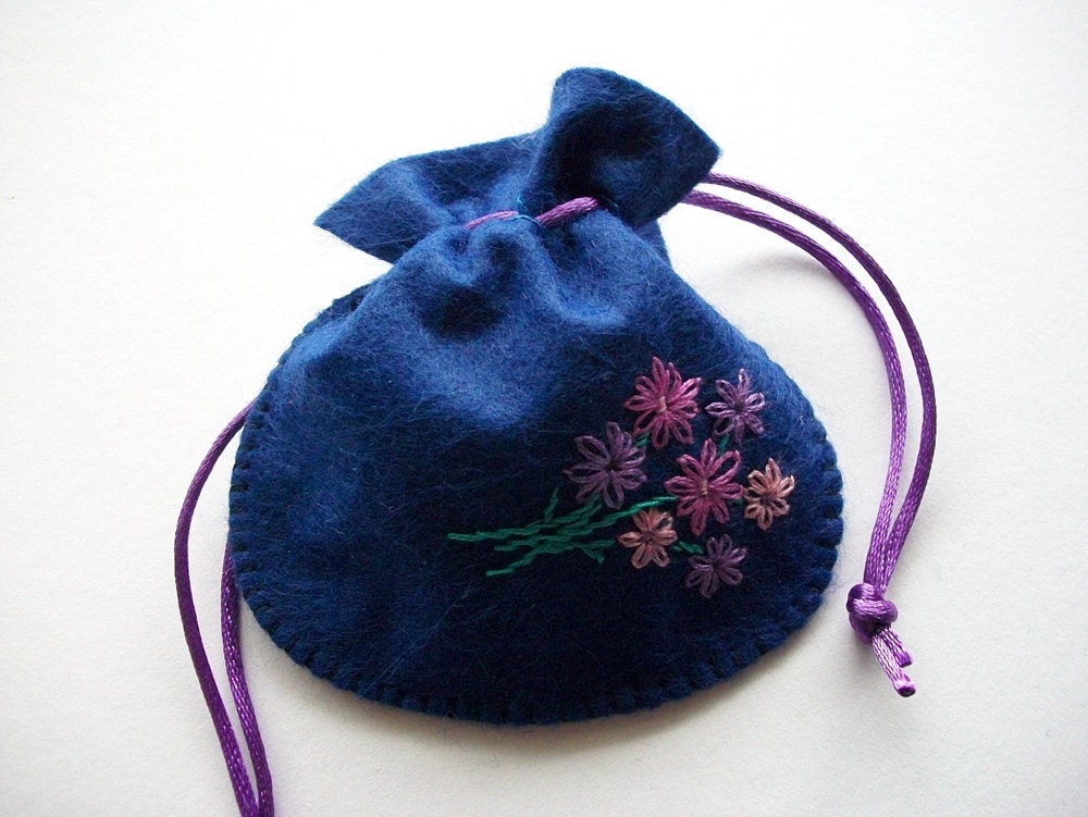 Gift Bag Royal Blue Felt Pouch Handsewn and Hand Embroidered
