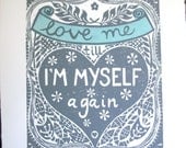 Love me linocut print.