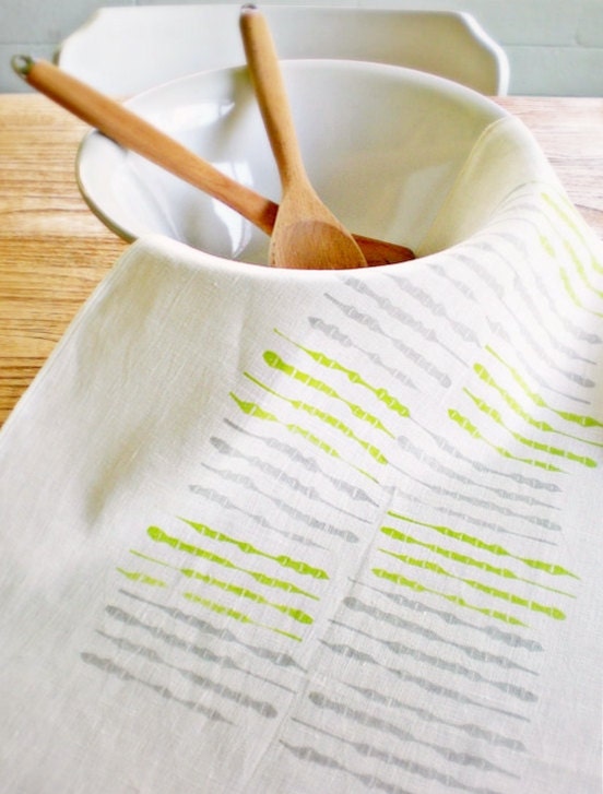 FREE SHIPPING. Abacus. Whimsical Modern Handprinted White Linen Tea Towel / Dish Towel.
