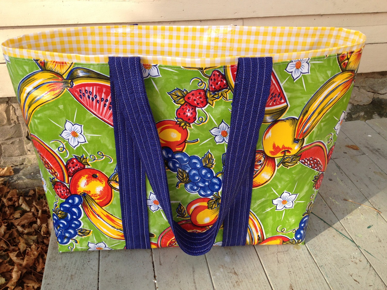 Funky Carmen Miranda tropical oilcloth tote bag in green