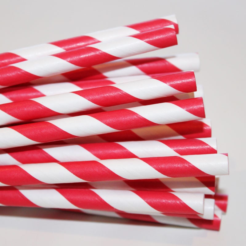 50 Candy Apple Red Stripe Paper Drinking Straws with DIY Printable Flags  - Party  - Birthday - Wedding, Carnival, Circus, Vanentine Parties