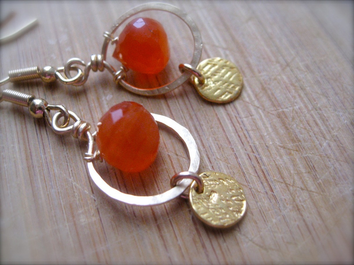 Carnelian Earrings, Small Hoop earrings, Orange Earrings