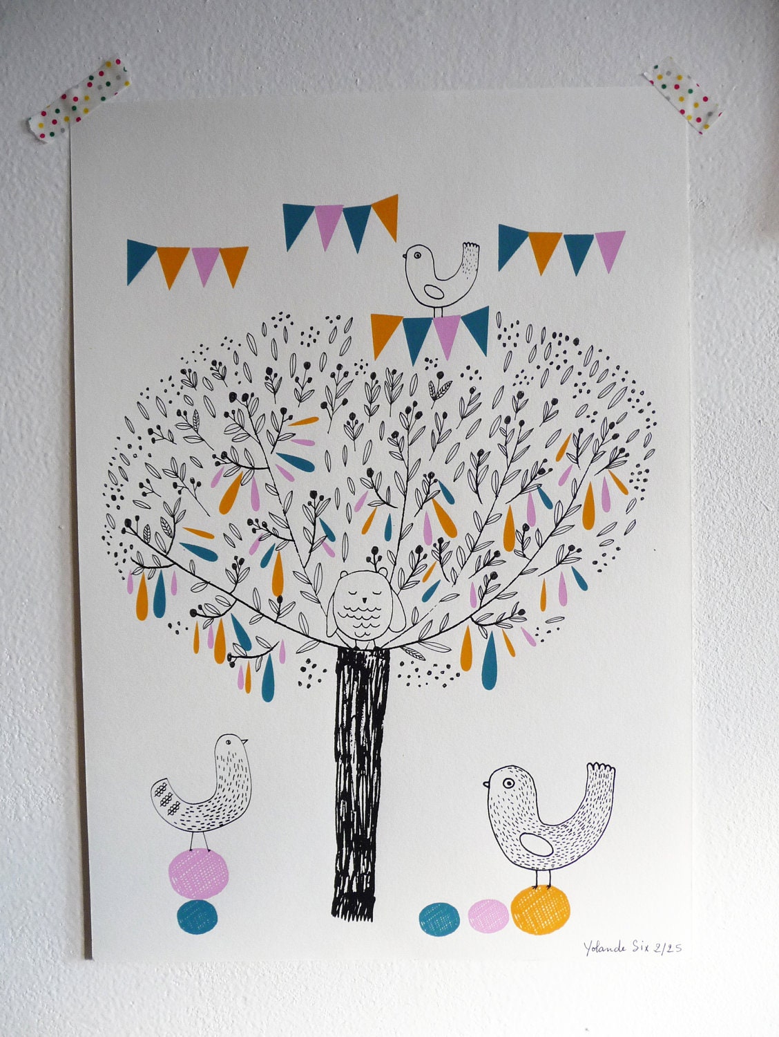 Poster, screen print Birds, Owls wall art - single copy