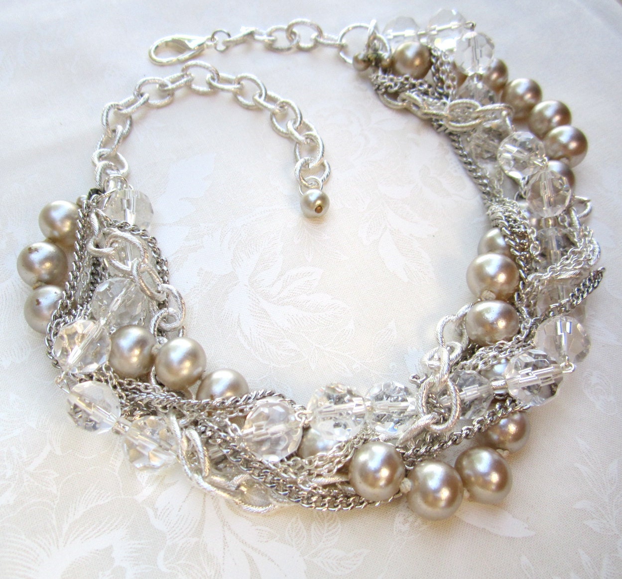 Chunky Silver Crystal Pearl Vintage Wedding Necklace Bridal Crystal Statement Necklace Twisted Pearls - Silver Lining
