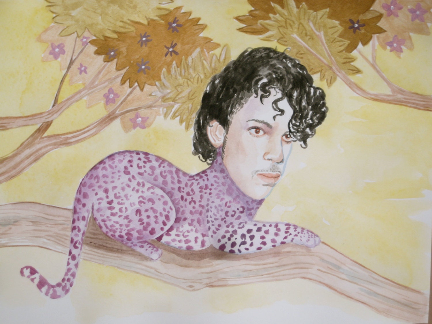 Prince as a purple leopard in a tree