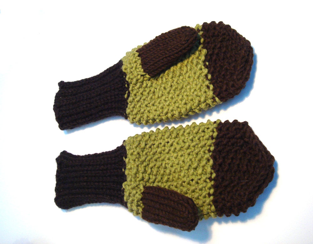 Green winter mittens, knitted mens gloves, gift for him
