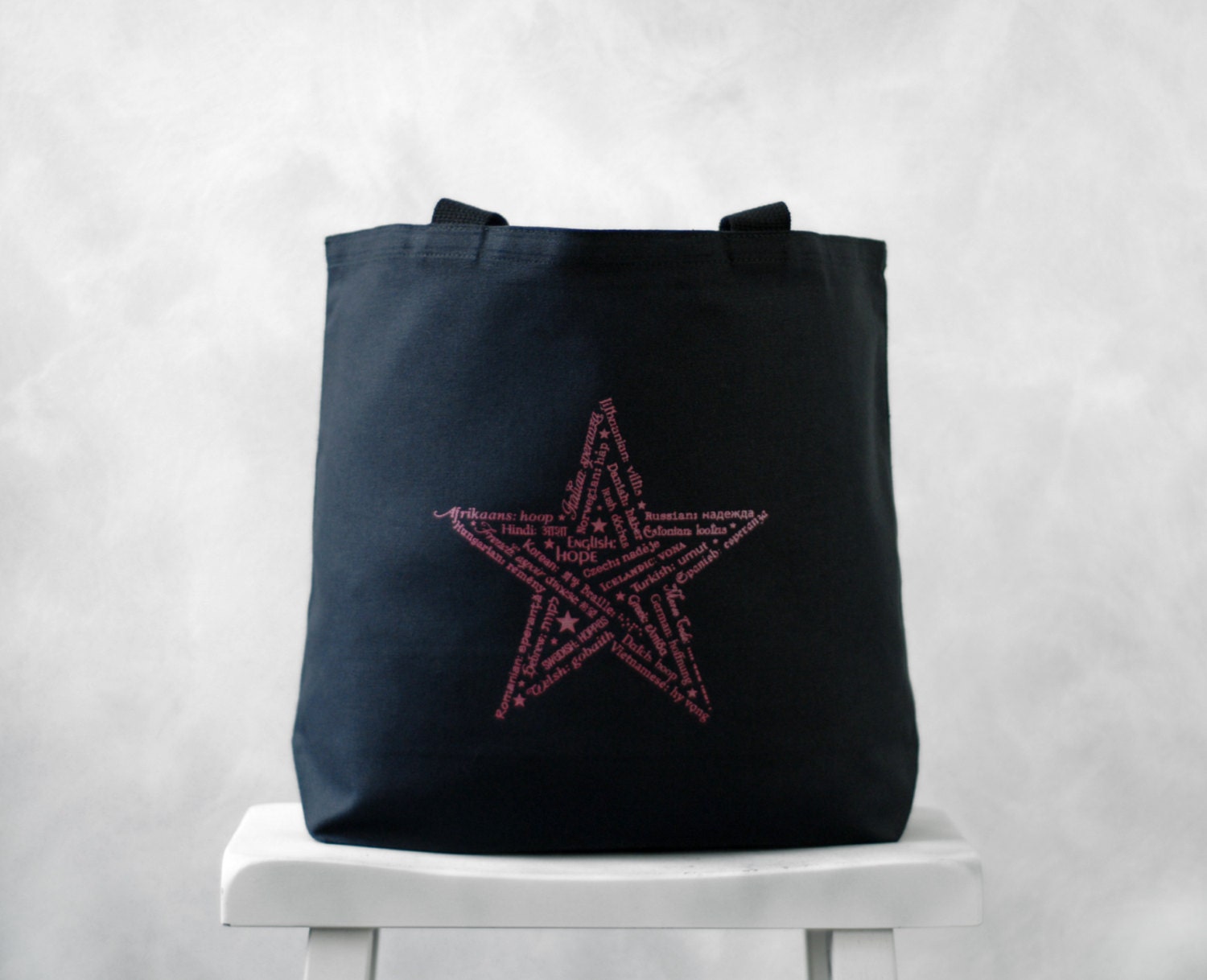 Star of HOPE - Typography Tote Bag - Black or Natural Canvas Bag - Carryall Tote - School Bag - Raspberry Pink