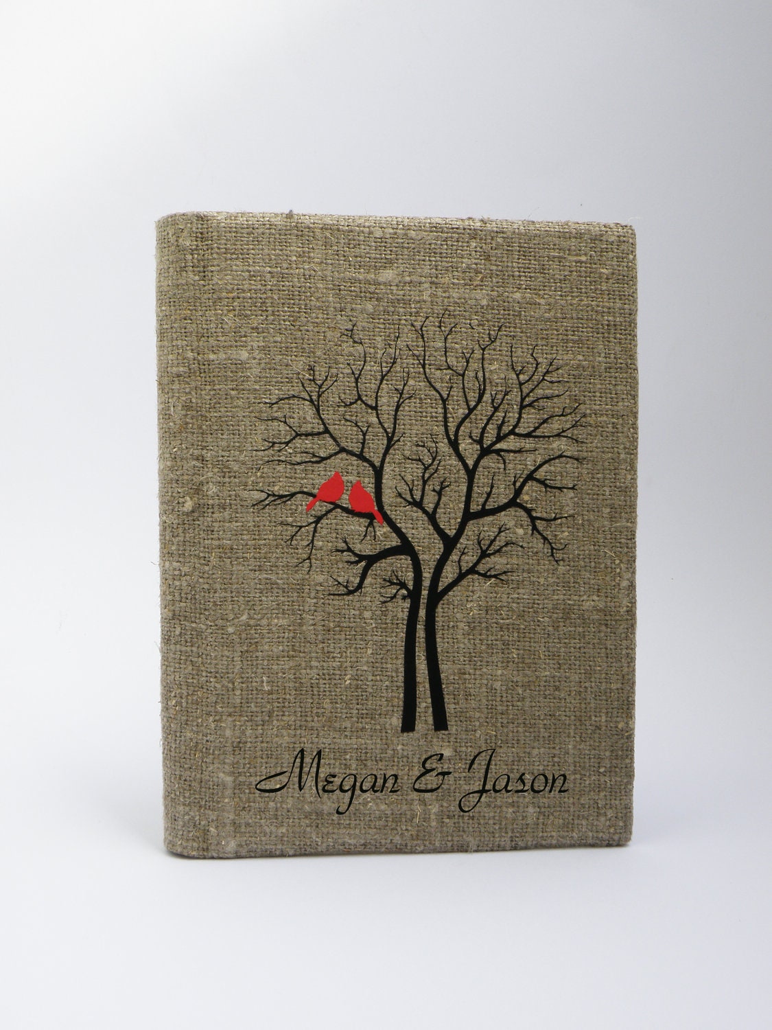 Wedding rustic photo album burlap Linen Bridal shower anniversary Red Cardinals on the Tree