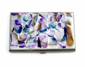 Business Card Case Hand Painted Metal Id Wallet Turquoise Purple and Gold Metal Card Case with a Glossy Enamel Finish