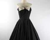 1950s Strapless Dress - Black Cotton with Large Bust Polka Dot Bow Full Skirt Party Prom Dress