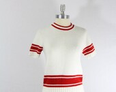 Vintage Short Sleeve Sweater - 1950s White and Red Preppy Sweater Top