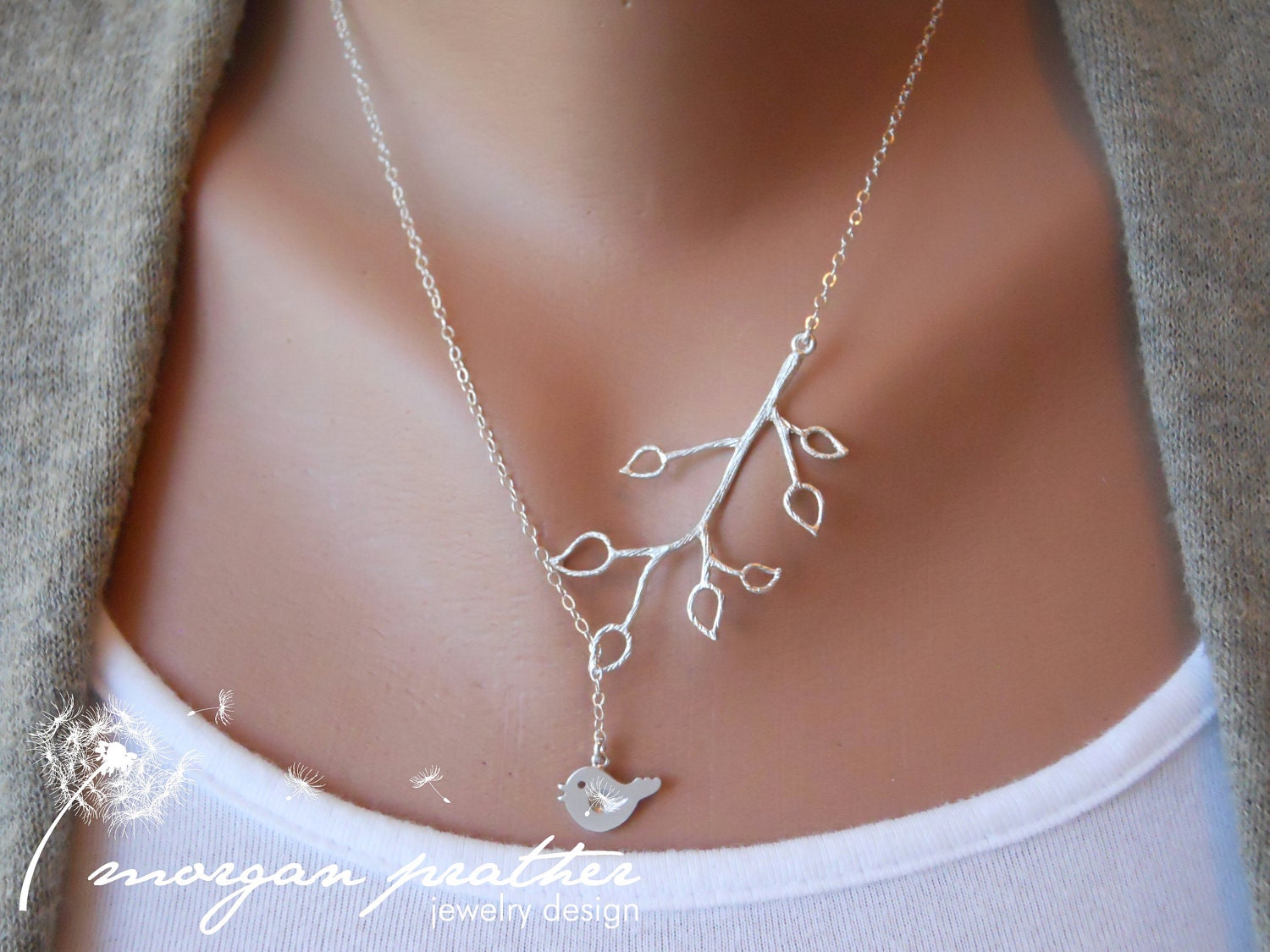 Bud Branch and Little Bird Lariat - silver grey white dainty pendants - sterling silver chain - morganprather