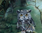 Watcher in the Woods Great Horned Owl painting original by Michaeline 16 x 20 inches