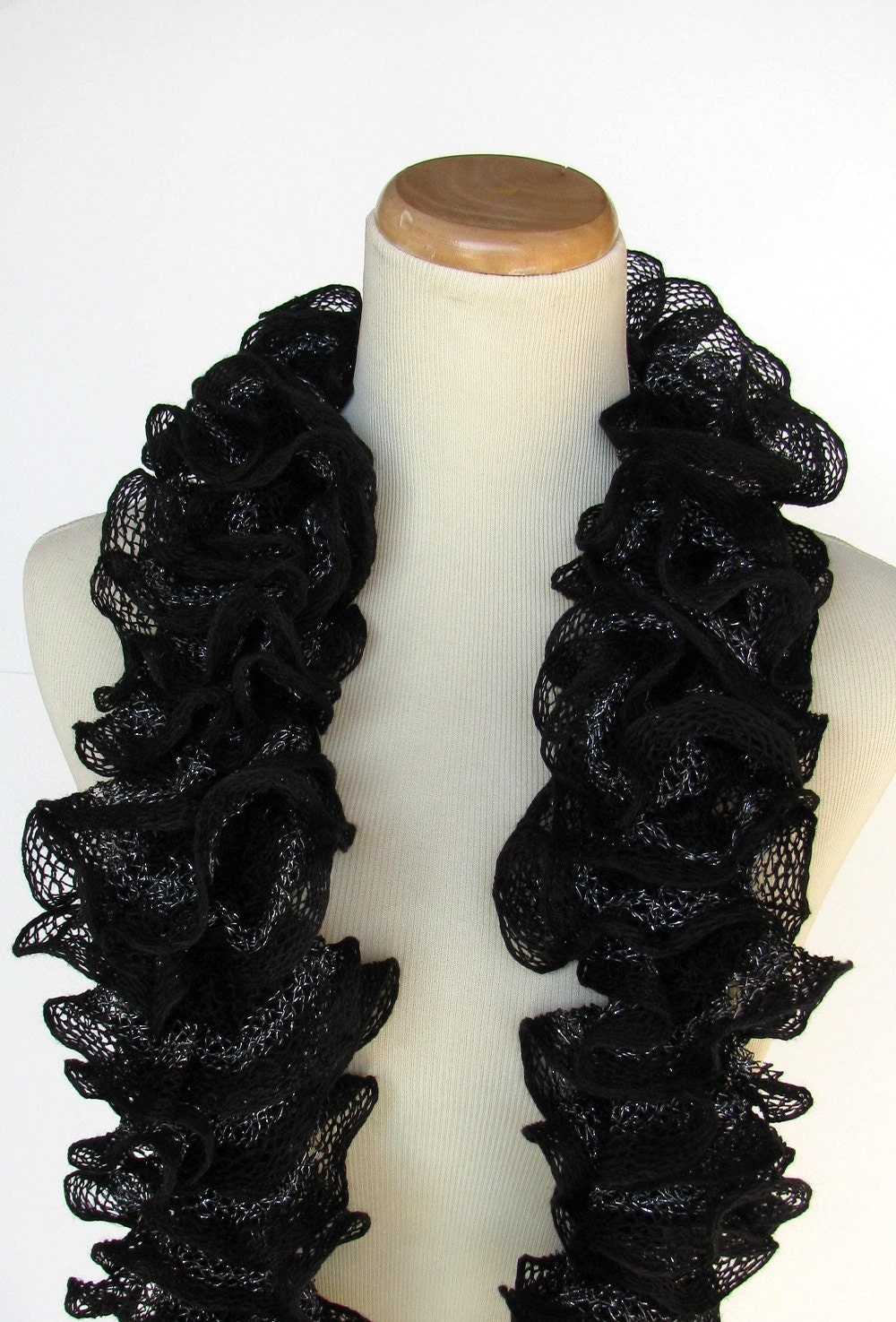Black Hand Knit Ruffled Scarf