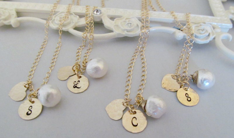 Bridesmaid Gift Set of THREE Personalized Pearl Necklaces, Custom Monogram Heart Initial Charm with Pearl, 14k fill, Bridal Party Jewelry
